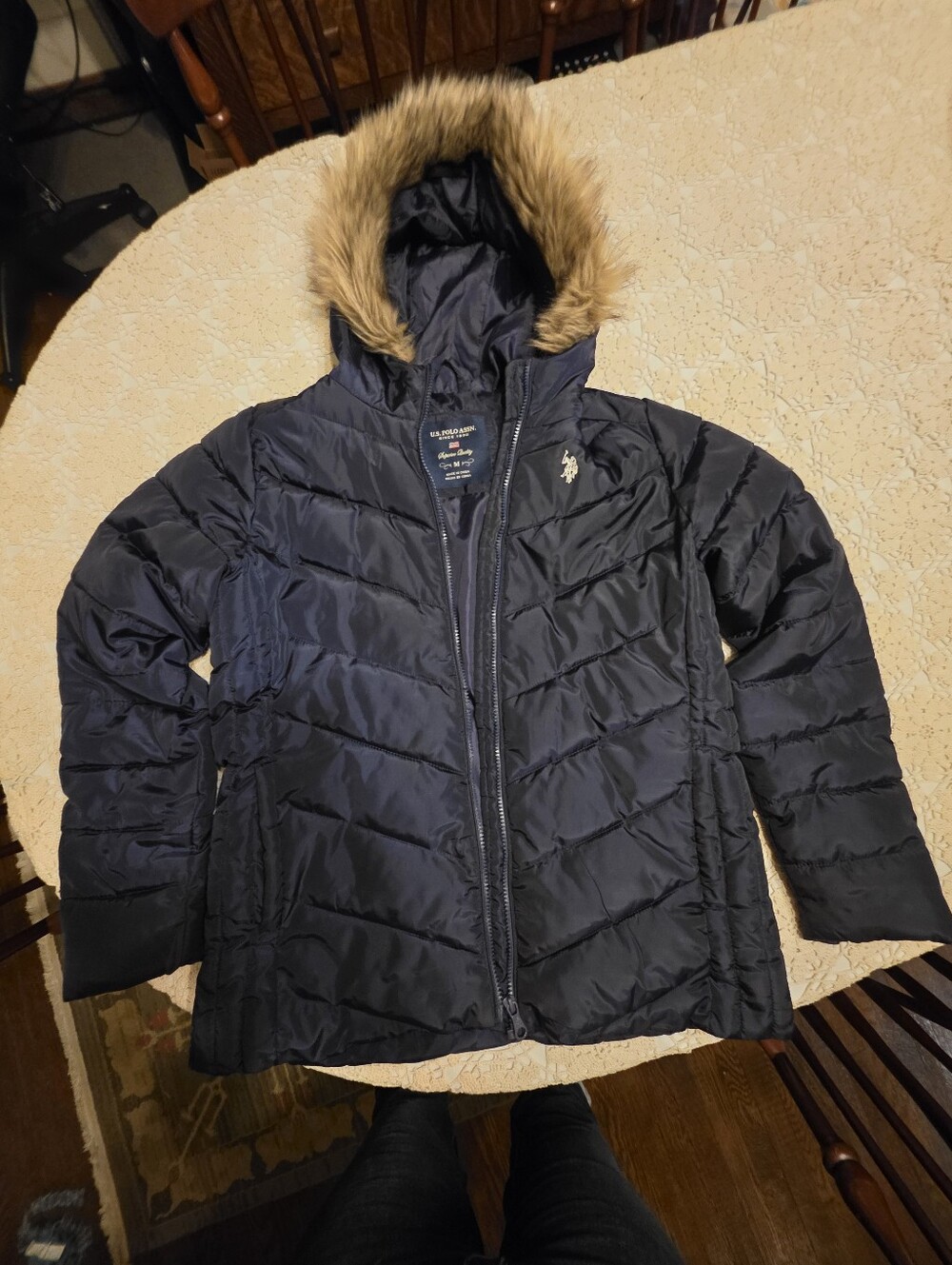 U.S. Polo Assn. Juniors' Navy Quilted Puffer Jacket with Faux Fur Hood